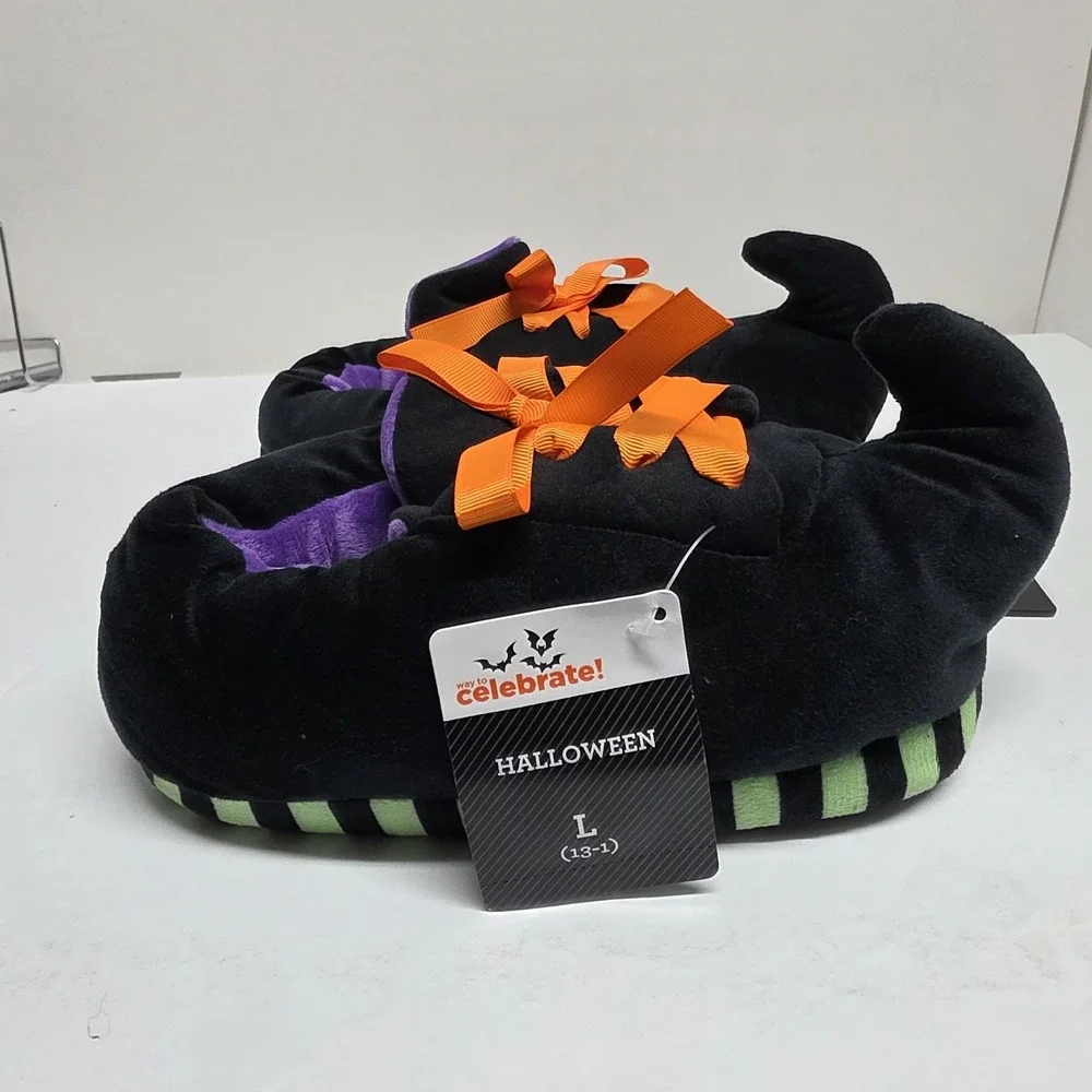 Halloween Witch Slippers Kids Size L 13-1 Black Orange Laces‎ Pointed Toe New